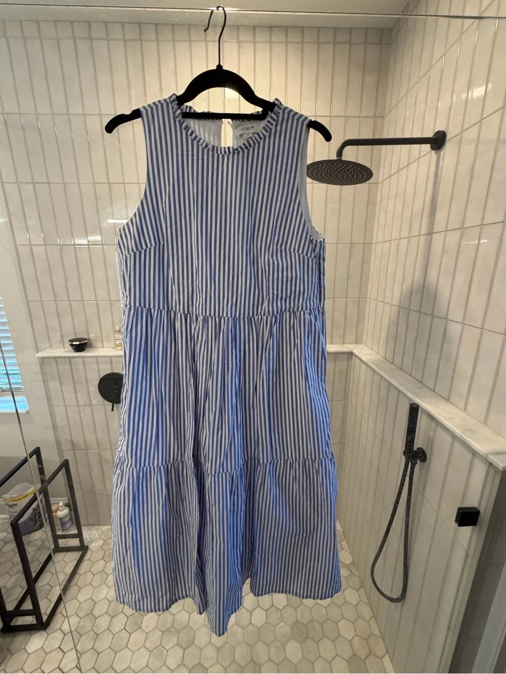 J. Crew Blue and White Striped Sleeveless Midi Dress